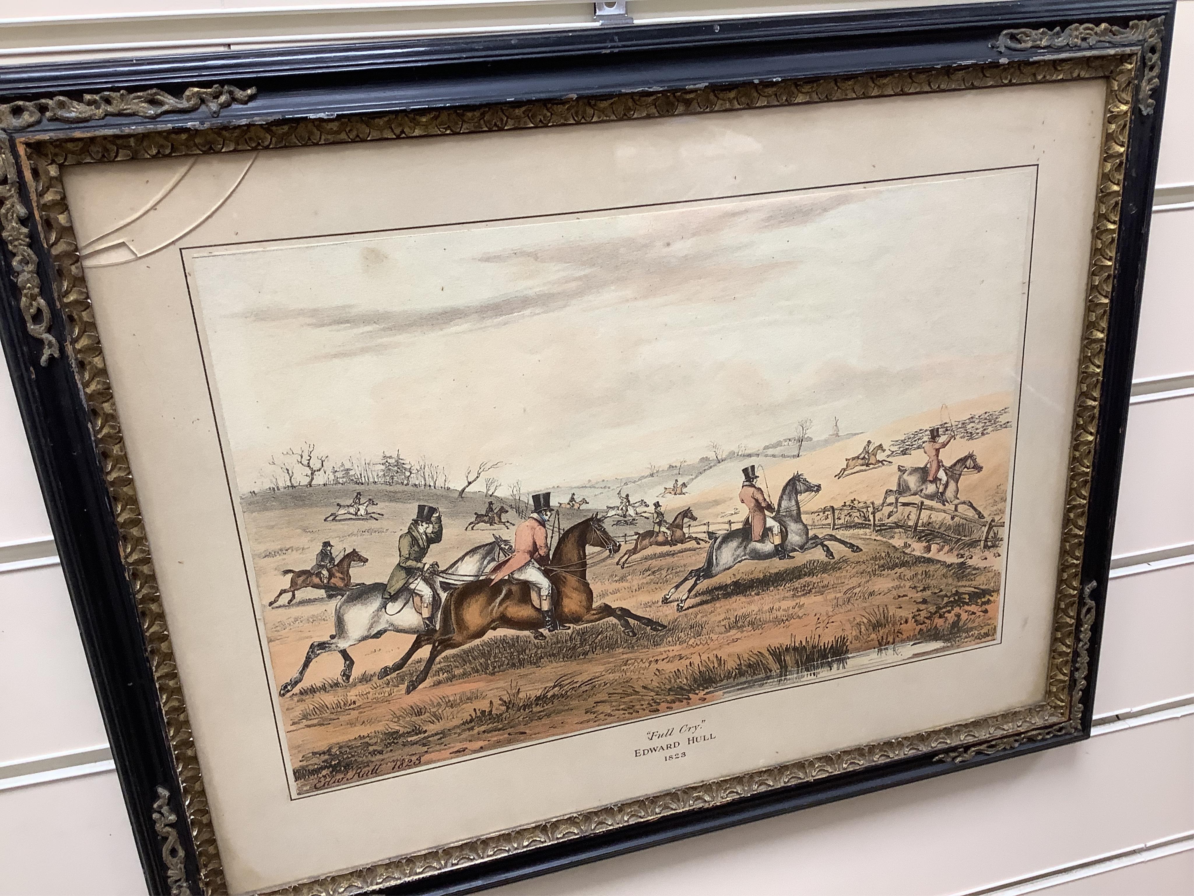 After Dean Wolstenholme (1757-1837) and Edward Hull, eight hunting interest lithographs to include: 'Unkenneling', 'Breaking cover', 'Morning' and 'Afternoon', 32 x 42cm